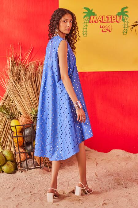 Shop Pooja Shroff Blue Cotton Cut Work Round Neck Beachside Dress at Aza Fashions Shop_Pooja Shroff_Blue Cotton Cut Work Round Neck Beachside Dress_at_Aza_Fashions