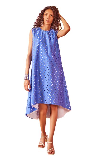 Pooja Shroff Blue Cotton Cut Work Round Neck Beachside Dress Online at Aza Fashions Pooja Shroff_Blue Cotton Cut Work Round Neck Beachside Dress_Online_at_Aza_Fashions