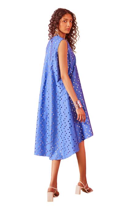 Shop Pooja Shroff Blue Cotton Cut Work Round Neck Beachside Dress Online at Aza Fashions Shop_Pooja Shroff_Blue Cotton Cut Work Round Neck Beachside Dress_Online_at_Aza_Fashions