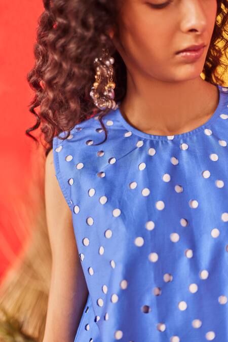 Pooja Shroff Blue Cotton Cut Work Round Neck Beachside Dress at Aza Fashions Pooja Shroff_Blue Cotton Cut Work Round Neck Beachside Dress_at_Aza_Fashions