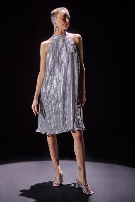 POOJA SHROFF Pleated Shimmer Dress 