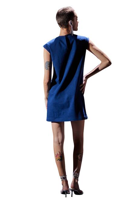 Shop Pooja Shroff Blue Denim Cut Work Round Neck Laser Dress Online at Aza Fashions Shop_Pooja Shroff_Blue Denim Cut Work Round Neck Laser Dress_Online_at_Aza_Fashions