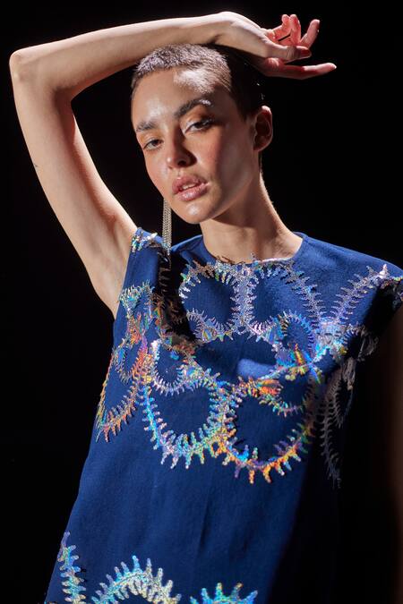 Buy Pooja Shroff Blue Denim Cut Work Round Neck Laser Dress Buy_Pooja Shroff_Blue Denim Cut Work Round Neck Laser Dress