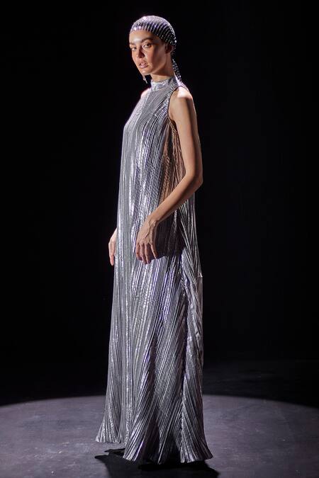 Buy_Pooja Shroff_Silver Faux Leather High Neck Pleated Maxi Dress_Online_at_Aza_Fashions