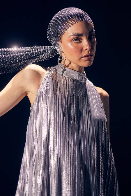 Shop_Pooja Shroff_Silver Faux Leather High Neck Pleated Maxi Dress_Online_at_Aza_Fashions