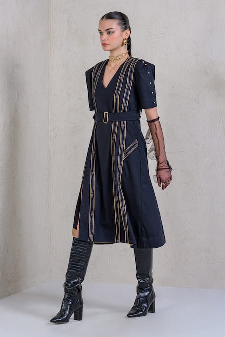 Buy_The Dramebaaz CO_Black Cotton Denim Twill V Neck Celestial Cascade Embroidered A-line Dress _Online_at_Aza_Fashions