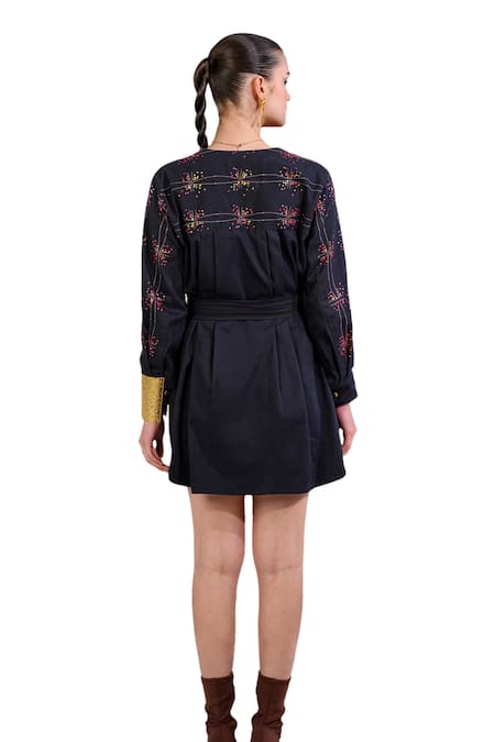 Buy_The Dramebaaz CO_Black Cotton Denim Twill Embroidery Sequin V Stardust Symphony Button Down Dress _Online_at_Aza_Fashions