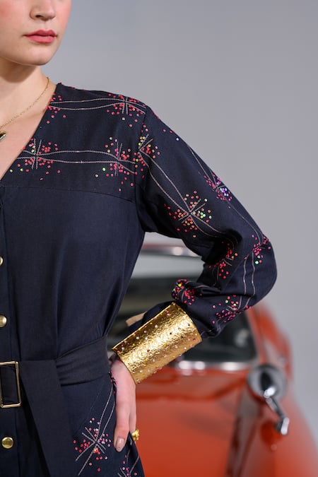 Shop_The Dramebaaz CO_Black Cotton Denim Twill Embroidery Sequin V Stardust Symphony Button Down Dress _Online_at_Aza_Fashions