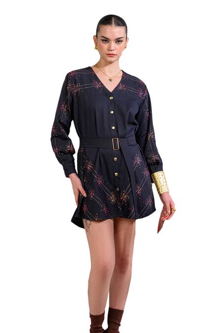 The Dramebaaz CO_Black Cotton Denim Twill Embroidery Sequin V Stardust Symphony Button Down Dress _at_Aza_Fashions