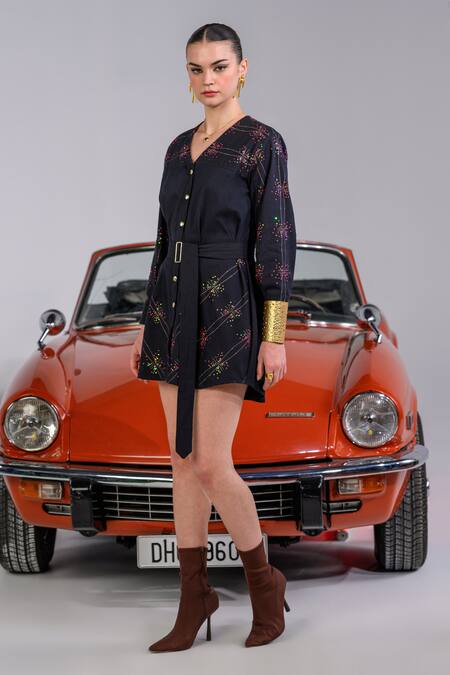 Buy_The Dramebaaz CO_Black Cotton Denim Twill Embroidery Sequin V Stardust Symphony Button Down Dress 