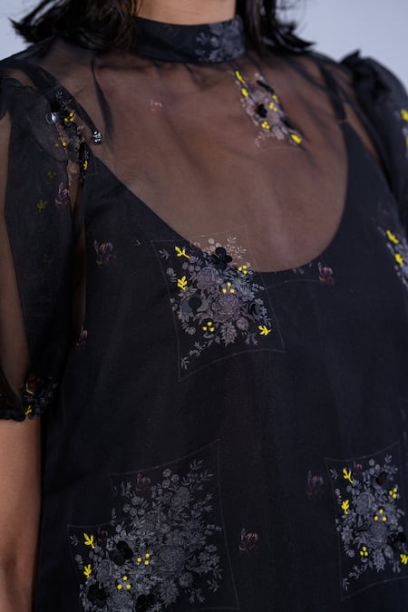 The Dramebaaz CO_Black Cotton Denim Twill Printed Ivy Round High Englishvine Organza Sundress _Online_at_Aza_Fashions