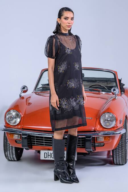 Buy_The Dramebaaz CO_Black Cotton Denim Twill Printed Ivy Round High Englishvine Organza Sundress _Online_at_Aza_Fashions