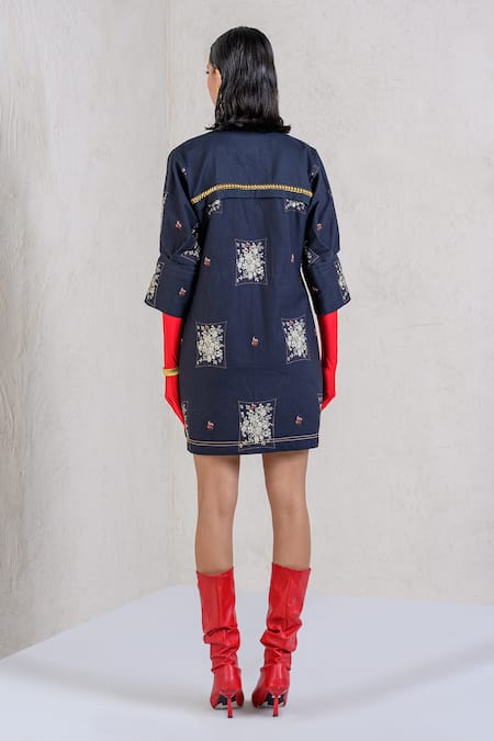 The Dramebaaz CO_Black Cotton Denim Twill Printed English Garden Midnight Charm Shirt Dress _Online_at_Aza_Fashions