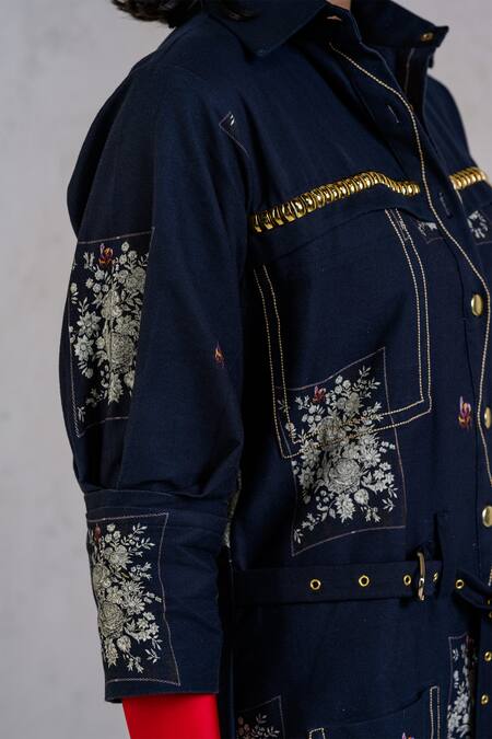 Buy_The Dramebaaz CO_Black Cotton Denim Twill Printed English Garden Midnight Charm Shirt Dress _Online_at_Aza_Fashions