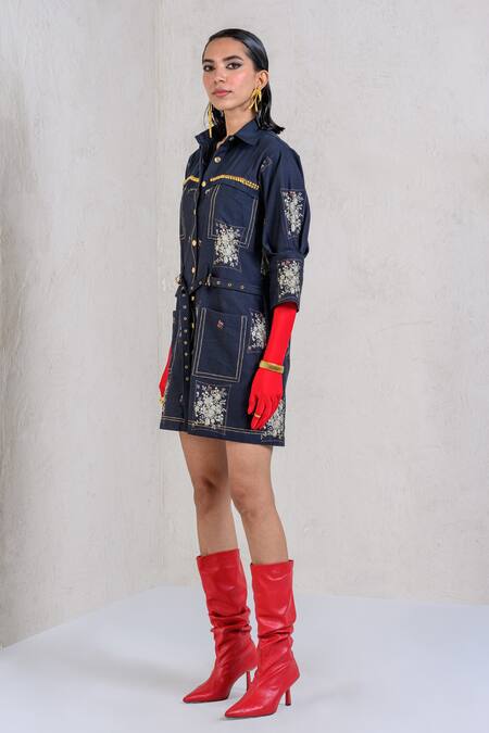 Shop_The Dramebaaz CO_Black Cotton Denim Twill Printed English Garden Midnight Charm Shirt Dress _Online_at_Aza_Fashions