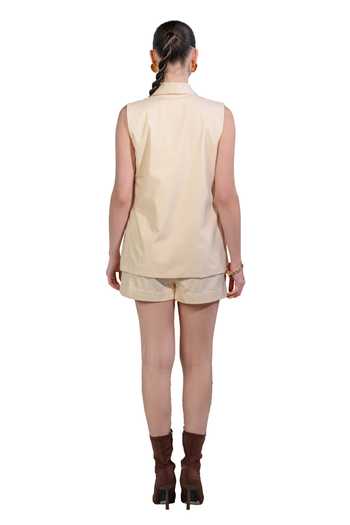 The Dramebaaz CO_Off White Cotton Denim Twill Embroidery Floral Applique Blazer Shawl Shorts Set _Online_at_Aza_Fashions