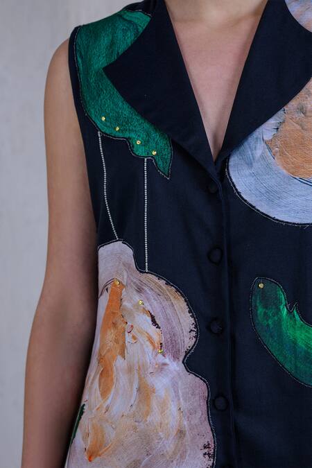 The Dramebaaz CO_Black Cotton, Denim, Twill Embroidery French Bloom Blazer Set _Online_at_Aza_Fashions