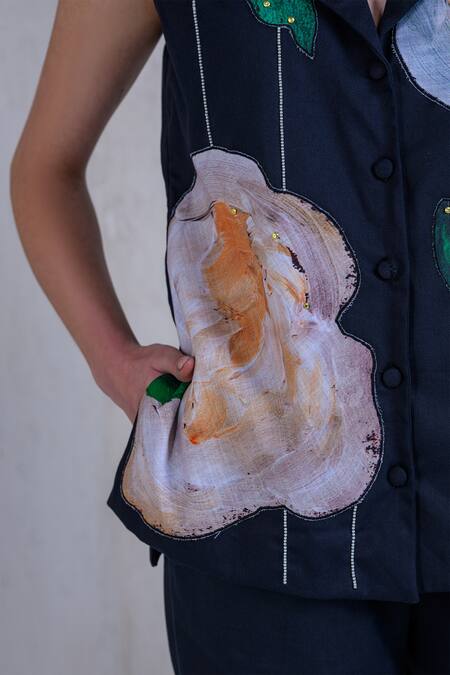 Buy_The Dramebaaz CO_Black Cotton, Denim, Twill Embroidery French Bloom Blazer Set _Online_at_Aza_Fashions