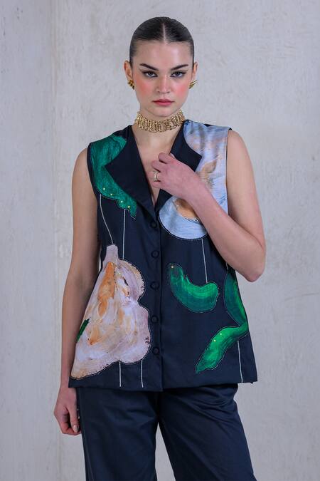 Shop_The Dramebaaz CO_Black Cotton, Denim, Twill Embroidery French Bloom Blazer Set _Online_at_Aza_Fashions