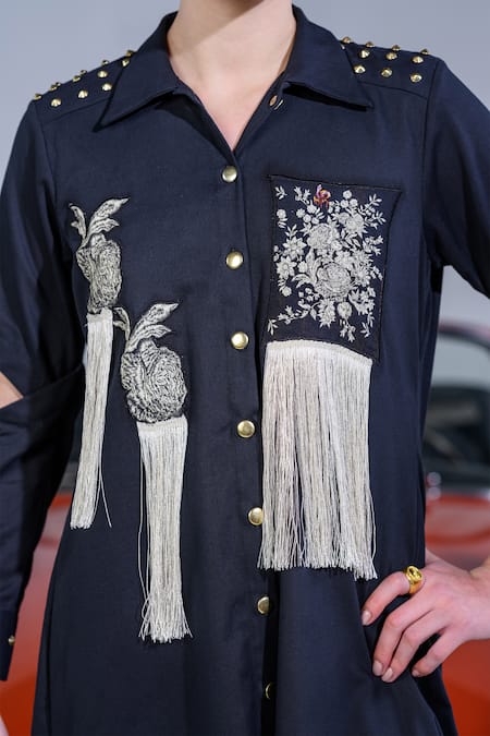 The Dramebaaz CO_Black Cotton Denim Twill Embroidery Floral Patchwork Twilight Button Down Dress _Online_at_Aza_Fashions