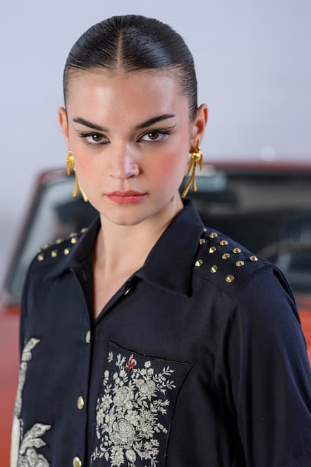 Buy_The Dramebaaz CO_Black Cotton Denim Twill Embroidery Floral Patchwork Twilight Button Down Dress _Online_at_Aza_Fashions