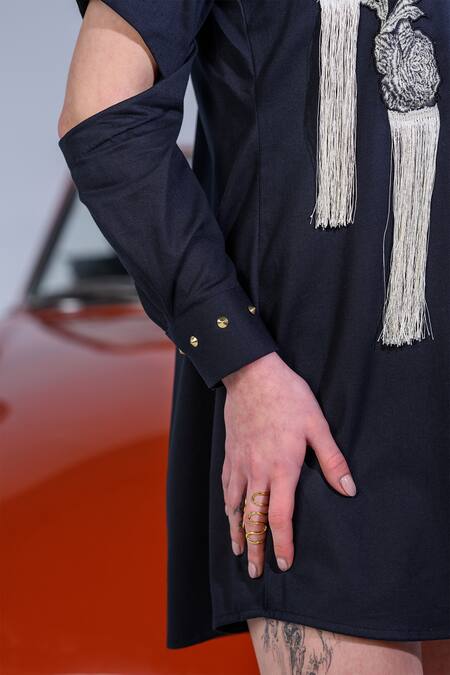 Shop_The Dramebaaz CO_Black Cotton Denim Twill Embroidery Floral Patchwork Twilight Button Down Dress _Online_at_Aza_Fashions