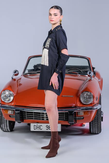 The Dramebaaz CO_Black Cotton Denim Twill Embroidery Floral Patchwork Twilight Button Down Dress _at_Aza_Fashions