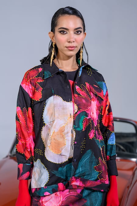 The Dramebaaz CO_Black Art Twill Printed Abstract Floral Collar Dahlia Dreamland Shirt Skirt Set _at_Aza_Fashions