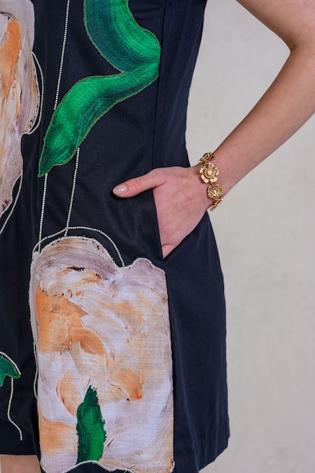 Buy_The Dramebaaz CO_Black Cotton Denim Twill Embroidery Floral Applique V Neck French Bloom Dress _Online_at_Aza_Fashions