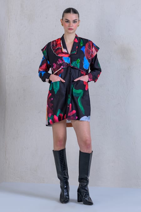 The Dramebaaz CO Black Twill Pearls, Beads Collared Aurora Daisy Print Shirt Dress 