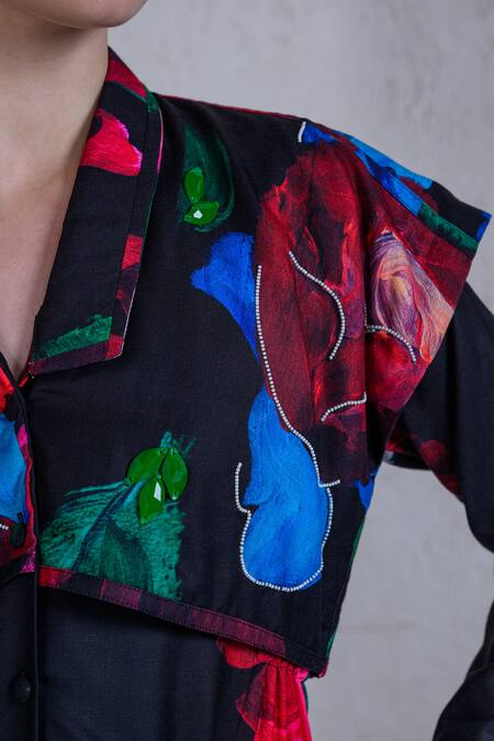 The Dramebaaz CO_Black Twill Pearls, Beads Collared Aurora Daisy Print Shirt Dress _Online_at_Aza_Fashions