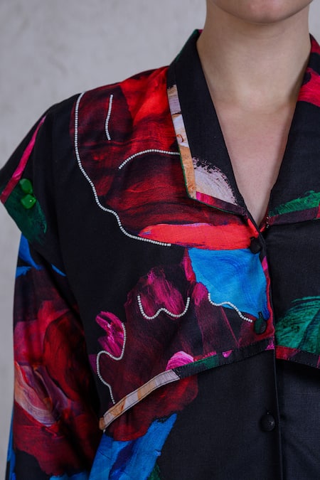 Buy_The Dramebaaz CO_Black Twill Pearls, Beads Collared Aurora Daisy Print Shirt Dress _Online_at_Aza_Fashions