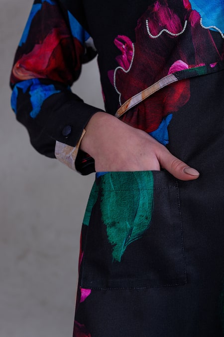 Shop_The Dramebaaz CO_Black Twill Pearls, Beads Collared Aurora Daisy Print Shirt Dress _Online_at_Aza_Fashions