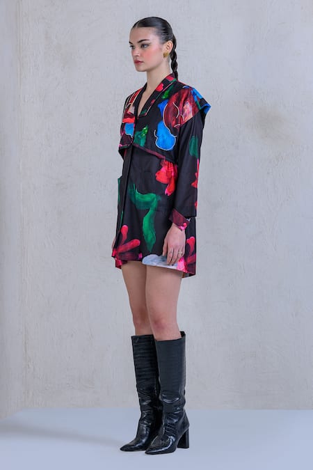 The Dramebaaz CO_Black Twill Pearls, Beads Collared Aurora Daisy Print Shirt Dress _at_Aza_Fashions