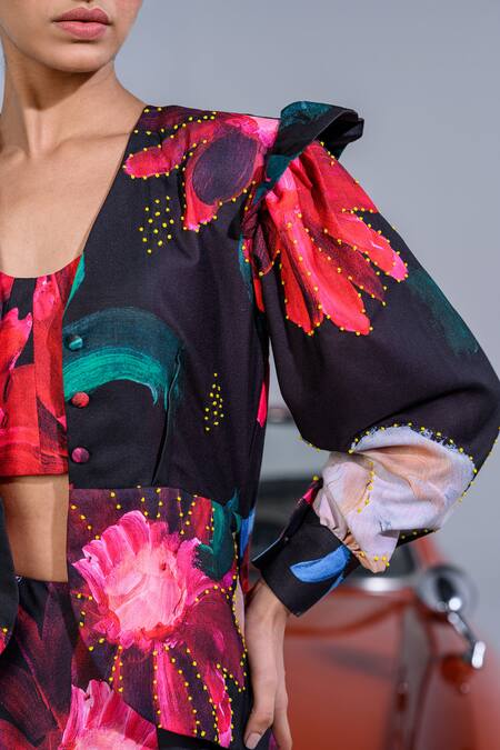 Shop The Dramebaaz CO Black Art Twill Printed Abstract Open Neck Carnations Jacket And Skirt Set Online at Aza Fashions Shop_The Dramebaaz CO_Black Art Twill Printed Abstract Open Neck Carnations Jacket And Skirt Set _Online_at_Aza_Fashions