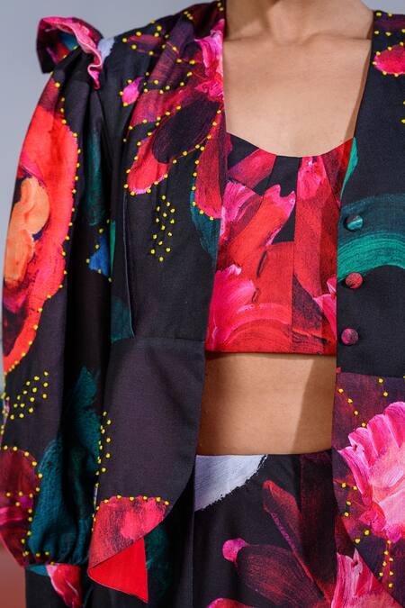 The Dramebaaz CO Black Art Twill Printed Abstract Open Neck Carnations Jacket And Skirt Set at Aza Fashions The Dramebaaz CO_Black Art Twill Printed Abstract Open Neck Carnations Jacket And Skirt Set _at_Aza_Fashions