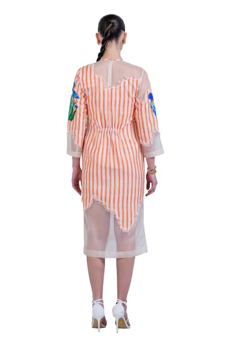 The Dramebaaz CO_Orange Organza, Twill Embroidery Round Neck Zest-zephyr Frayed Printed Dress _Online_at_Aza_Fashions