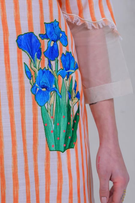 Buy_The Dramebaaz CO_Orange Organza, Twill Embroidery Round Neck Zest-zephyr Frayed Printed Dress _Online_at_Aza_Fashions