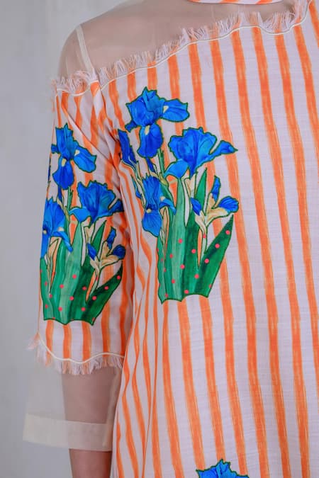 Shop_The Dramebaaz CO_Orange Organza, Twill Embroidery Round Neck Zest-zephyr Frayed Printed Dress _Online_at_Aza_Fashions
