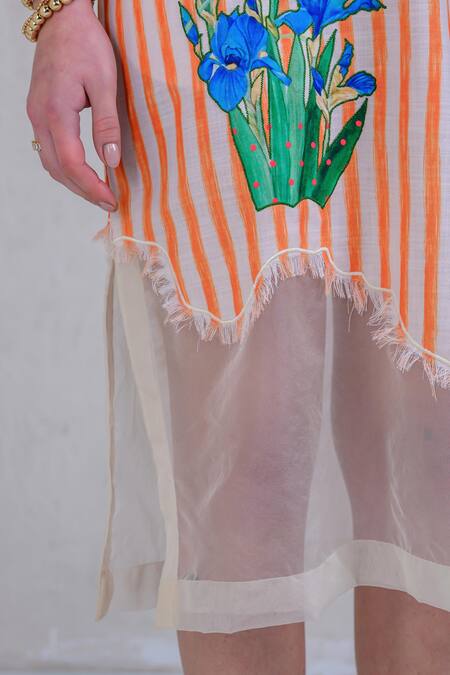 The Dramebaaz CO_Orange Organza, Twill Embroidery Round Neck Zest-zephyr Frayed Printed Dress _at_Aza_Fashions