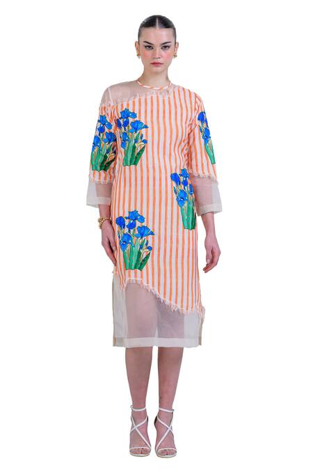 Buy_The Dramebaaz CO_Orange Organza, Twill Embroidery Round Neck Zest-zephyr Frayed Printed Dress 