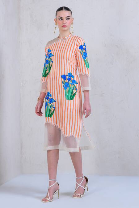 Shop_The Dramebaaz CO_Orange Organza, Twill Embroidery Round Neck Zest-zephyr Frayed Printed Dress 