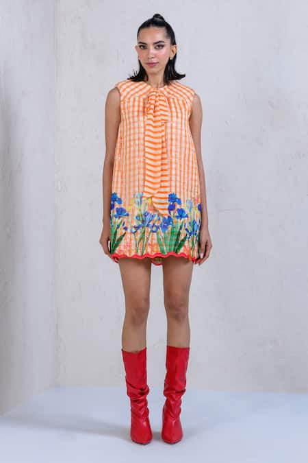 The Dramebaaz CO Orange Art Twill Printed Striped Round Lush Organza Dress 