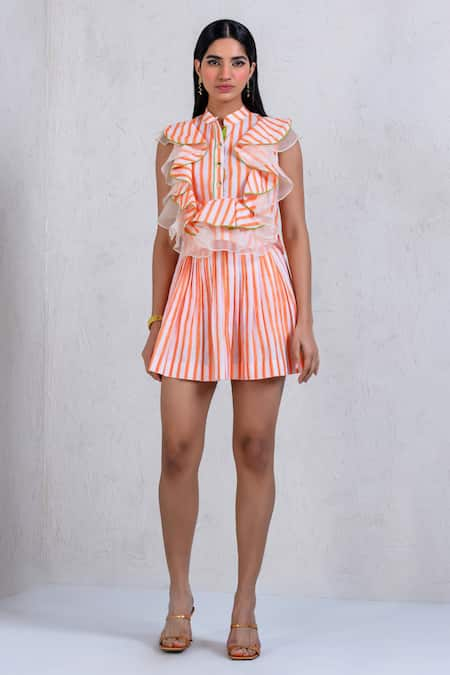 The Dramebaaz Co Tropical Twirl Striped Print Top & Skirt Set 