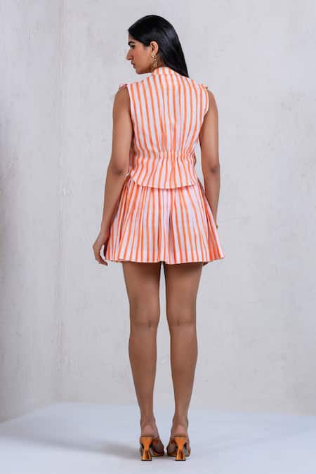 The Dramebaaz CO_Orange Art Twill Printed Striped Band Collar Tropical Twirl Top And Skirt Set _Online_at_Aza_Fashions