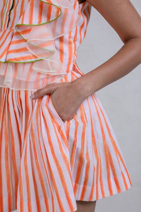 Buy_The Dramebaaz CO_Orange Art Twill Printed Striped Band Collar Tropical Twirl Top And Skirt Set _Online_at_Aza_Fashions