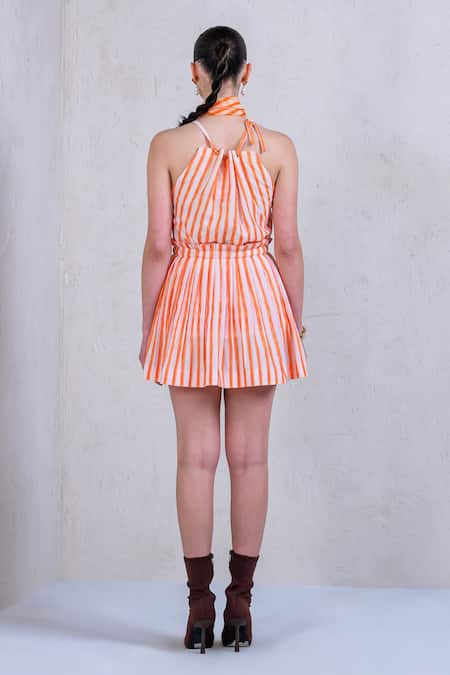 The Dramebaaz CO_Orange Art Twill Printed Striped Halter Sunburst Splash Top And Skirt Set _Online_at_Aza_Fashions