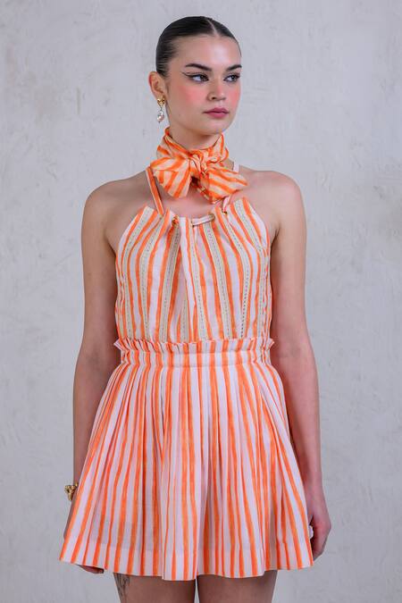 Buy_The Dramebaaz CO_Orange Art Twill Printed Striped Halter Sunburst Splash Top And Skirt Set _Online_at_Aza_Fashions