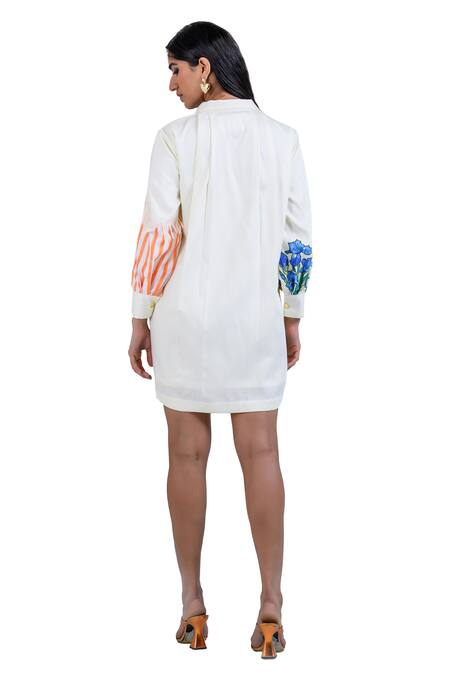 The Dramebaaz CO_White Art Twill Printed Striped Collar Floral Rhapsody Embroidered Shirt Dress _Online_at_Aza_Fashions