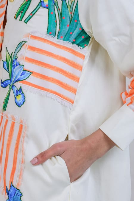 Buy_The Dramebaaz CO_White Art Twill Printed Striped Collar Floral Rhapsody Embroidered Shirt Dress _Online_at_Aza_Fashions